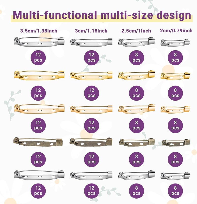 Fyntave 200 Pcs 4 Sizes Brooch Pin Backs for Craft 5 Colors Badge Backs Pins with Holes 20/25/30/35mm Bar Pins Back Safety Clasp with Plastic Box Pin Clasps for Jewelry Making Badges Name Tags DIY Crafts - Image 2